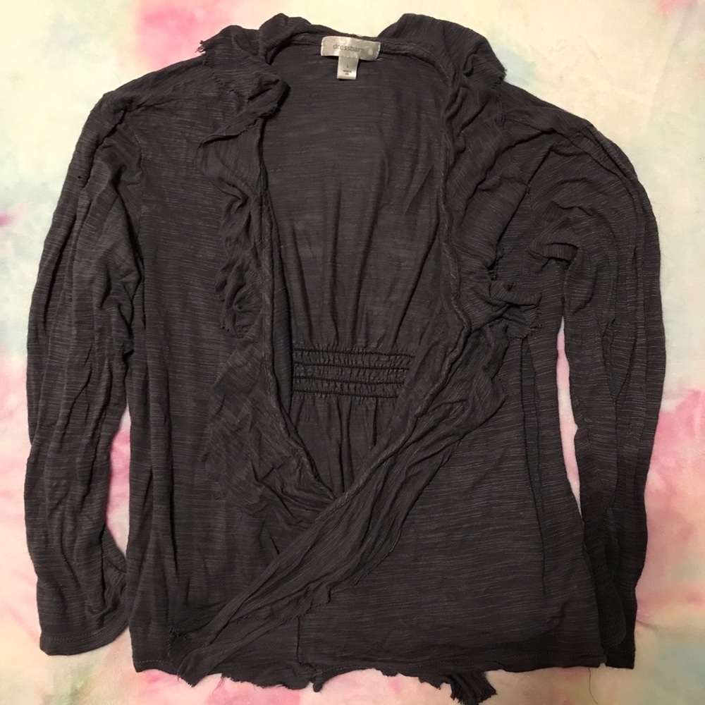 Dress Barn Gray cardigan cover with fringe/frail along the trim 🌝